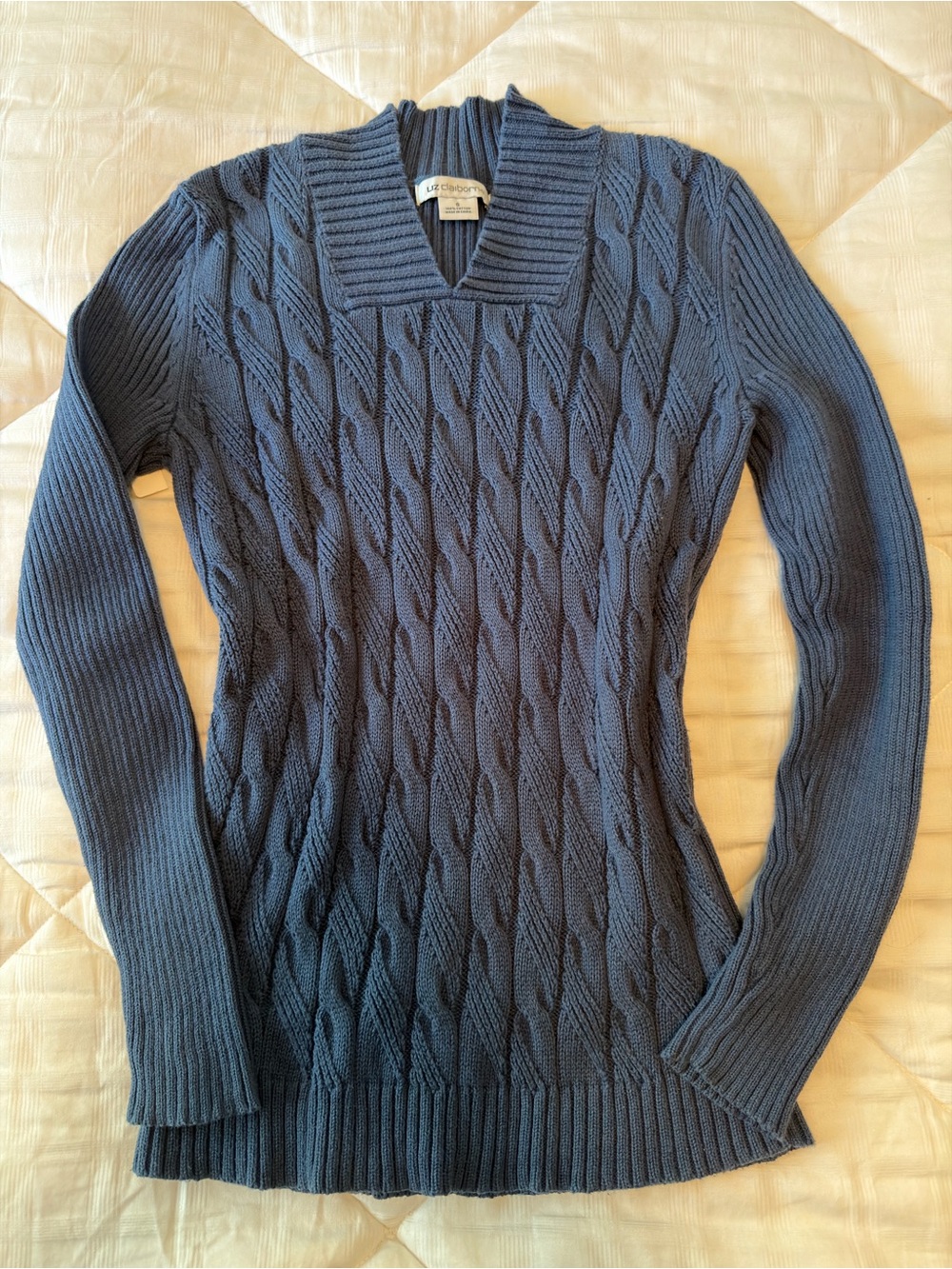 Liz Claiborne Classic Cable Knit V-Neck Cotton Sweater Size S